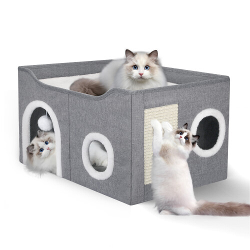 Cat House Indoor 2 Layer, Foldable Large Cat Hideaway Bed Indoor