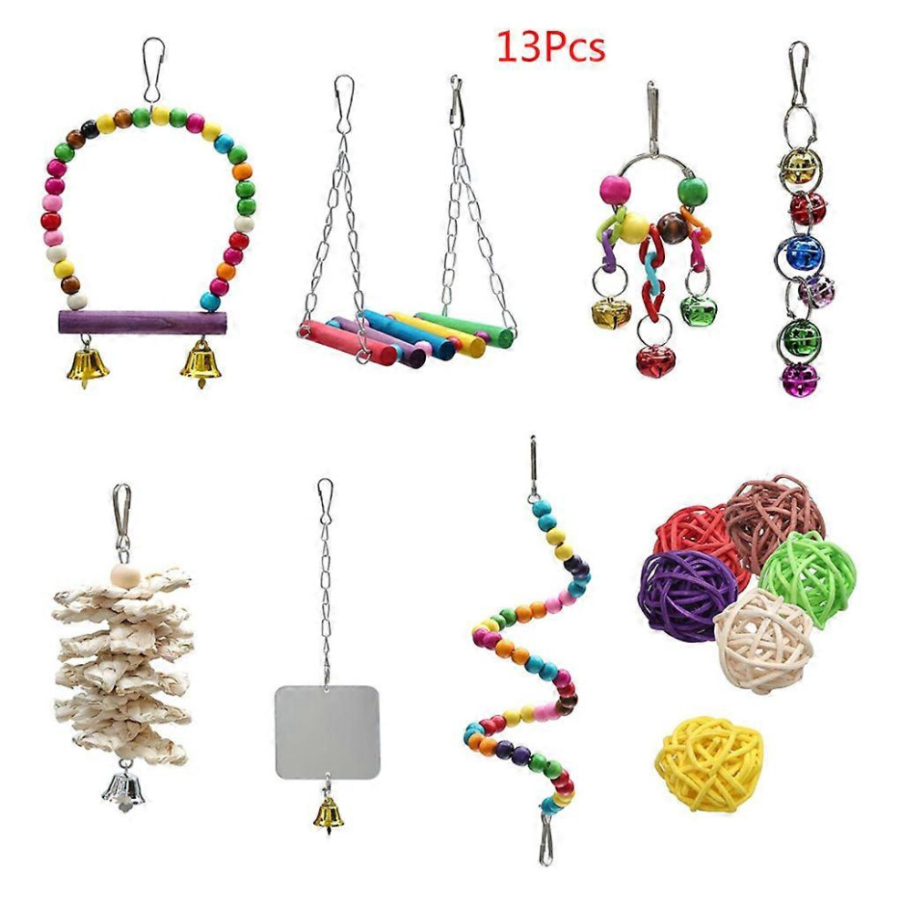 (As show, One size) 13 Pcs Bird Parrot Toys Include 7 Hanging Birds Cage Toys Hammock Swing Bell Chewing Toys 6 Rattan Balls for Cockatiels