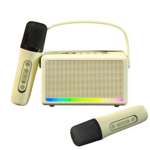 (Beige) Portable Outdoor Karaoke Speaker Mini Wireless Microphone Home Sing Microphone Integrated Machine Bluetooth Speaker With Two Microphones
