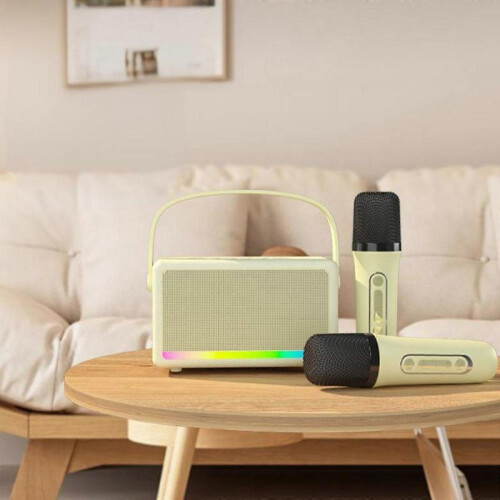 (Beige) Portable Outdoor Karaoke Speaker Mini Wireless Microphone Home Sing Microphone Integrated Machine Bluetooth Speaker With Two Microphones 1