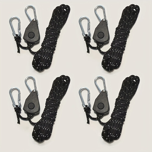 (4 Pcs Black) High-Visibility Reflective Camping Tent Ropes with Adjustable Pulleys - Durable Polyester,Camping Accessories