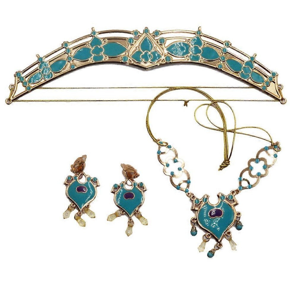 (As show, One size) 3 Pcs Beautiful Jasmine Headband Necklace Earrings Three Piece Set Halloween Princess Jasmine Party Gift for Women Girls