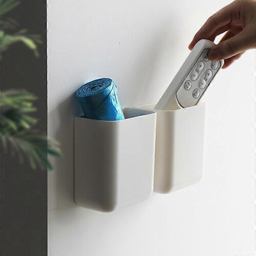 (White) Wall Mounted Plastic Storage Box Self-adhesive Remote Control Mobile Phone Plug Holder Organizer 2
