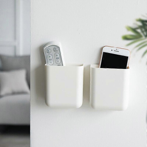 (White) Wall Mounted Plastic Storage Box Self-adhesive Remote Control Mobile Phone Plug Holder Organizer 1