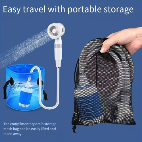 (White) Portable Wireless Camping Shower Kit,USB Rechargeable Bath Pump with Adjustable Nozzle,Includes Mesh Storage Bag 1
