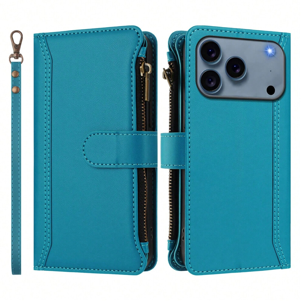 (Lake blue, iPhone 16) Suitable for Apple 17promax solid color zipper wallet mobile phone case card Apple mobile phone case