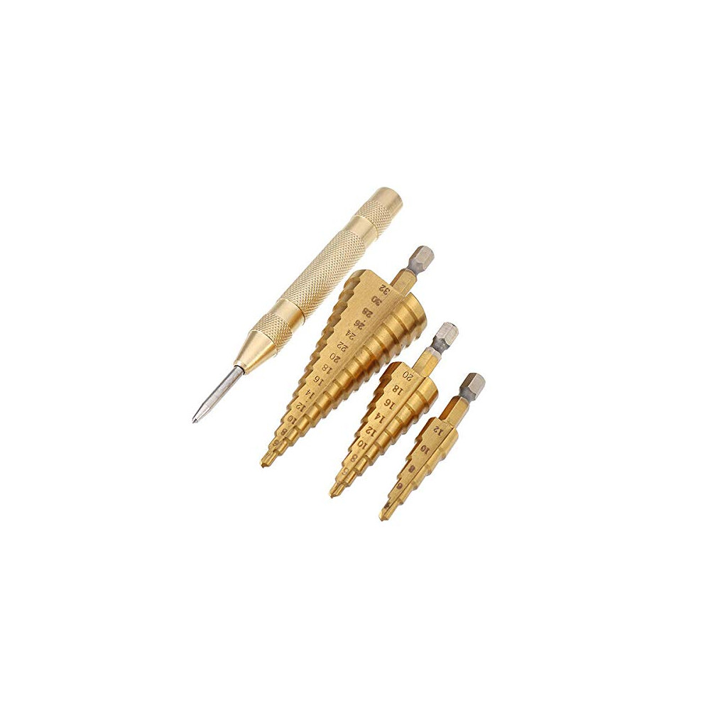3Pcs Hss Coated Step Drill Bits 412/420/432Mm With 4Mm Automatic Center Pin Punch 354398631262