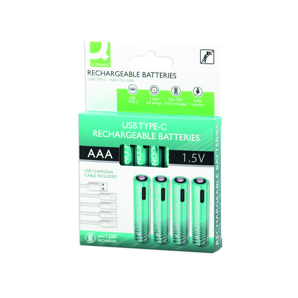 Q-Connect Usb C Rechargeable Lithium Batteries Micro Aaa (Pack Of 4) Kf14130 5030037141303
