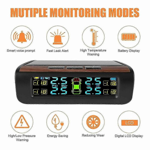 Wireless Solar TPMS LCD Car Tire Pressure Monitoring System with 4 External Sensors Solar Automatic 2