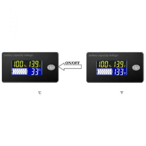 Battery Meter with Alarm Temperature Display Battery Capacity Voltage Indicator Battery Gauge Monitors Lithium ion 2
