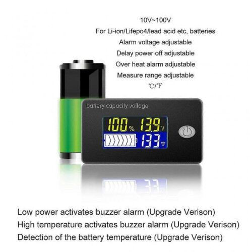 Battery Meter with Alarm Temperature Display Battery Capacity Voltage Indicator Battery Gauge Monitors Lithium ion 1