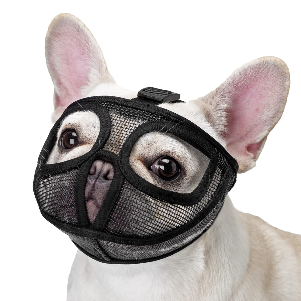 Short Snout Dog Muzzle, Soft Mesh French Bulldog Muzzle With Enlarged Eye Hole To Prevent Eating Biting Licking(L,) Black