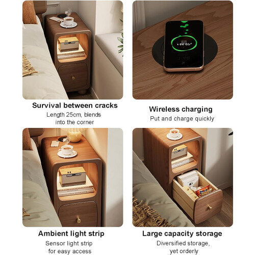 Solid Wood Nightstand with, Modern Narrow Bedside Table with 1 Drawer  Storage 1