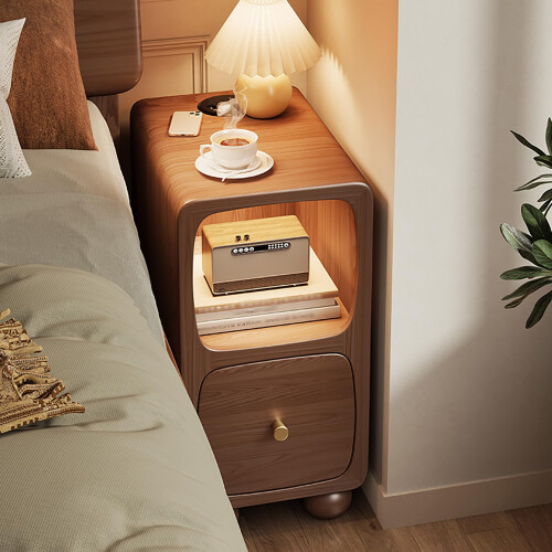 Solid Wood Nightstand with, Modern Narrow Bedside Table with 1 Drawer  Storage