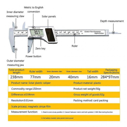 Digital Caliper No Battery Required LCD Display for Exterior Interior & Depth