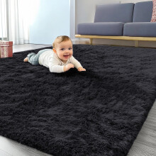 (Black Shaggy, 160 x 230 cm (5ft 3 in x 7ft 7in)) Xtra Large Nonslip Rugs Shaggy Fluffy Soft Traditional Carpets for Livingroom & Bedroom