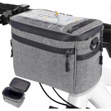 (Grey) Bike Handlebar Insulated Bag, Bike Front Phone Bag Cooler 5L Large Storage Bag with 7,5" TPU Touch Screen Bicycle Accessories for Travel
