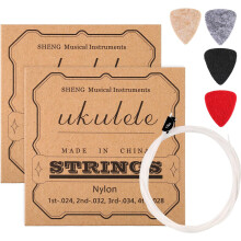 2 Sets of Nylon Ukulele Strings with 4 Felt Picks, Strings are White, Picks are Yellow, Gray, Black, Red