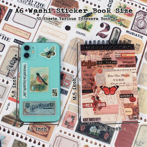 Vintage Stickers for Scrapbooking, 50 Sheets Precut Washi Stickers B 1