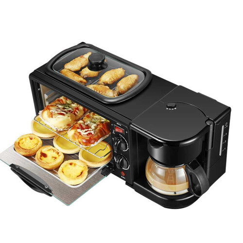 3In1 Breakfast Station, Includes Coffee Maker, NonStick Griddle, 4Slice Toaster Oven, Black