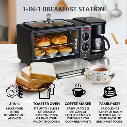 3In1 Breakfast Station, Includes Coffee Maker, NonStick Griddle, 4Slice Toaster Oven, Black 2