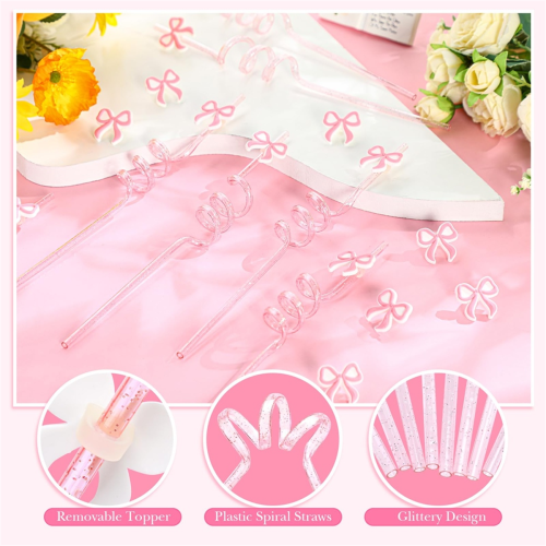 24 Pcs Pink Bow Straws Bulk Reusable Plastic Spiral Drinking Straw 2