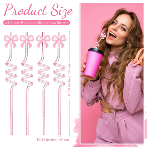 24 Pcs Pink Bow Straws Bulk Reusable Plastic Spiral Drinking Straw 1