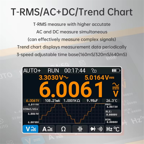DM40C Digital Oscilloscope Multimeter with Signal Generator - 50MHz, 10-bit ADC, 4.5-Digit, IPS touchscreen, auto/AC-DC, data logging 1