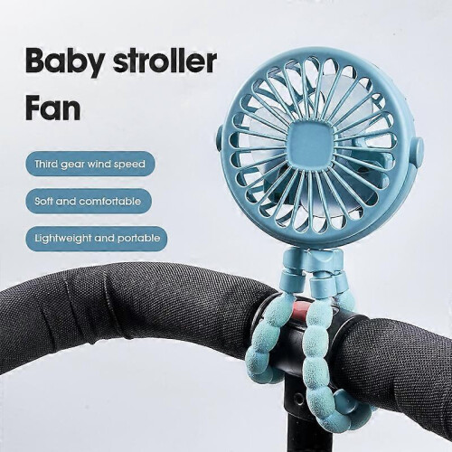(Blue,Blue)Portable Baby Stroller Fan USB Rechargeable Mini Folding 3 Speed Adjustable Cooling Fan 2