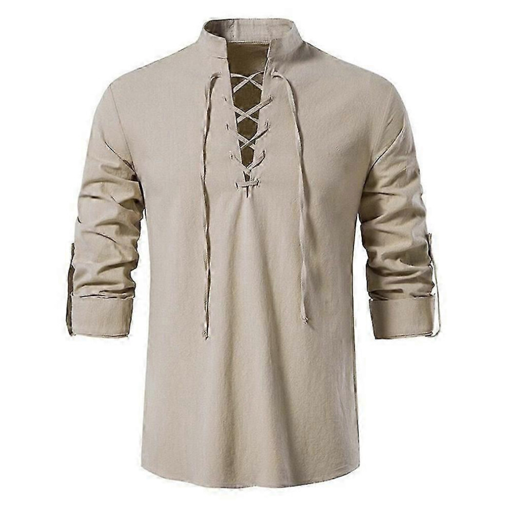 Kikidex (Apricot, L) Men's Retro Style Long Sleeve Shirts Lace Up Neck Tops Renaissance, Viking Pirate, Hippie Blouse