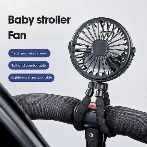 (Black,Black)Portable Baby Stroller Fan USB Rechargeable Mini Folding 3 Speed Adjustable Cooling Fan 1