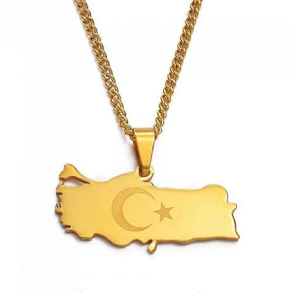 Kikidex (Gold Color, One Size) Turkey Map Flag Gold Color Silver Color Pendant Necklace For Women Men Turks Jewelry Patriotic Wvj Tsg
