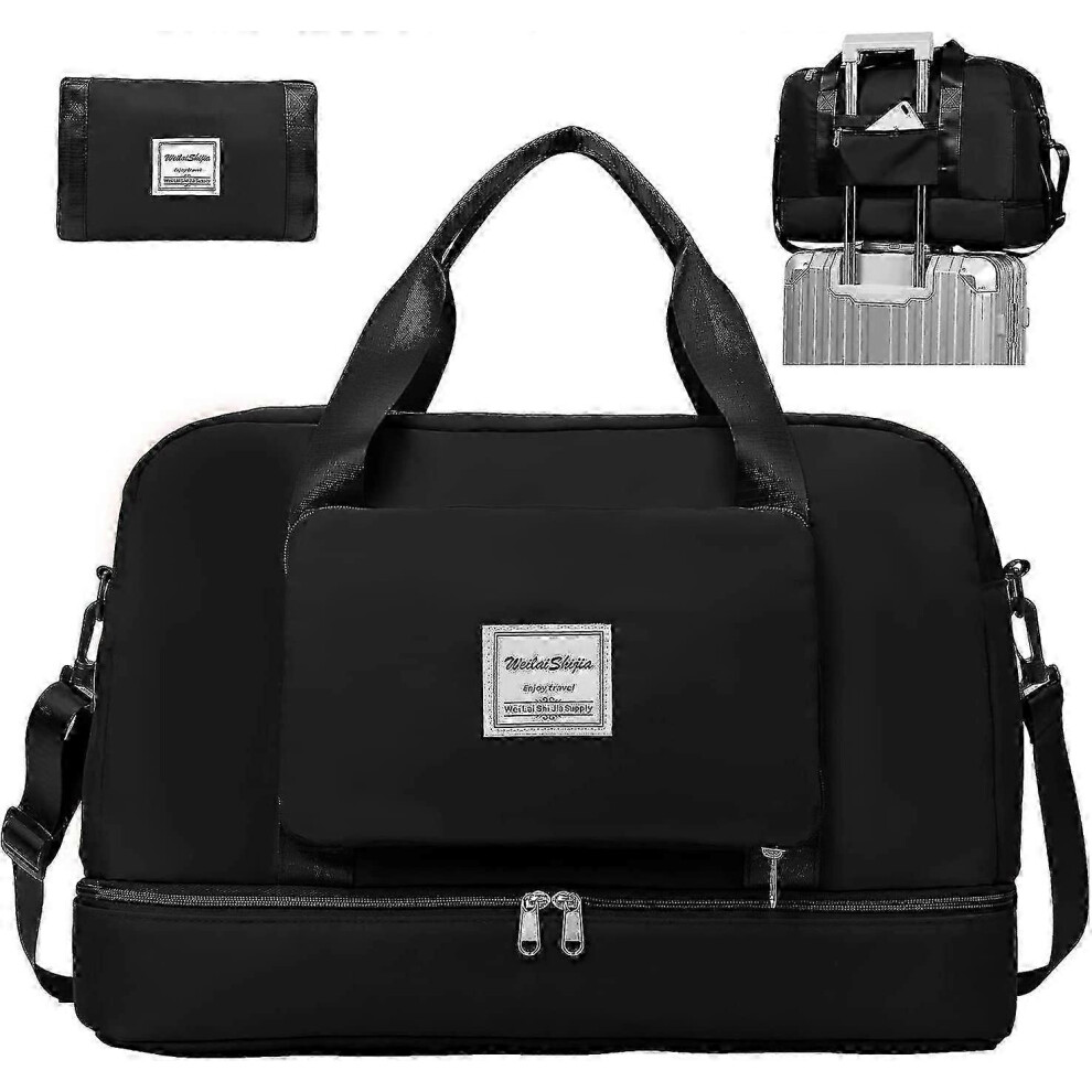 (Black, One size) Womens Foldable Weekend Bag Overnight Hospital Bag With Shoes Compartment Wet Pocket, Water Resistant Gym Bag Duffle Bag Travel Bag Holdall For Wome