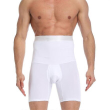 (WHITE, L) Men's Tummy Control Shorts High Waist Compression Shapewear Leg Underwear Boxer Briefs