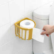 (Round, Yellow) Wall Mounted Roll Paper Holder Adhesive Hanging Tissue Basket Drainage Storage Rack for Toilet