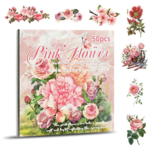 Blomsterklistremerker, gjennomsiktige klistremerker og rosa papirmateriale