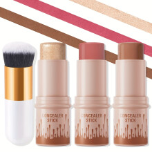 (3pcs Stick 1pcs Brush) 3pcs Cream Contour Kit, Non-Greasy Waterproof Long-lasting Contour Stick, Blush Stick, Highlighter Stick, Bronzer Stick with Brush