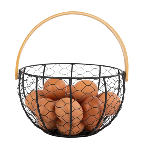 Farmhouse Wire Egg Basket for Gathering Fresh Eggs with Wooden Handle