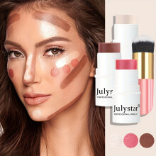 (136 Pink Brush) 4-Piece Waterproof Cream Contour Stick Set - Highlighter, Blush & Bronzer with Golden Powder Brush,Under 1 Fl Oz Shimmery Medium Coverage