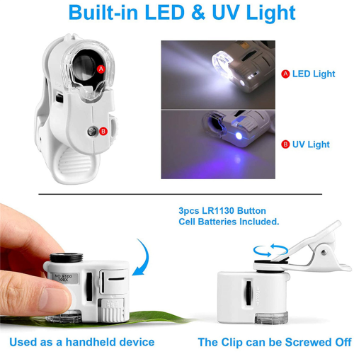 100X Zoom Clip-on Microscope with LED Light, Magnifying Lens Glass 1