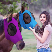 2 Pieces Horse Fly Masks for Horses Horse Mask with Ears Smooth and Elasticity Fly Mask with(Purple, Blue,L)