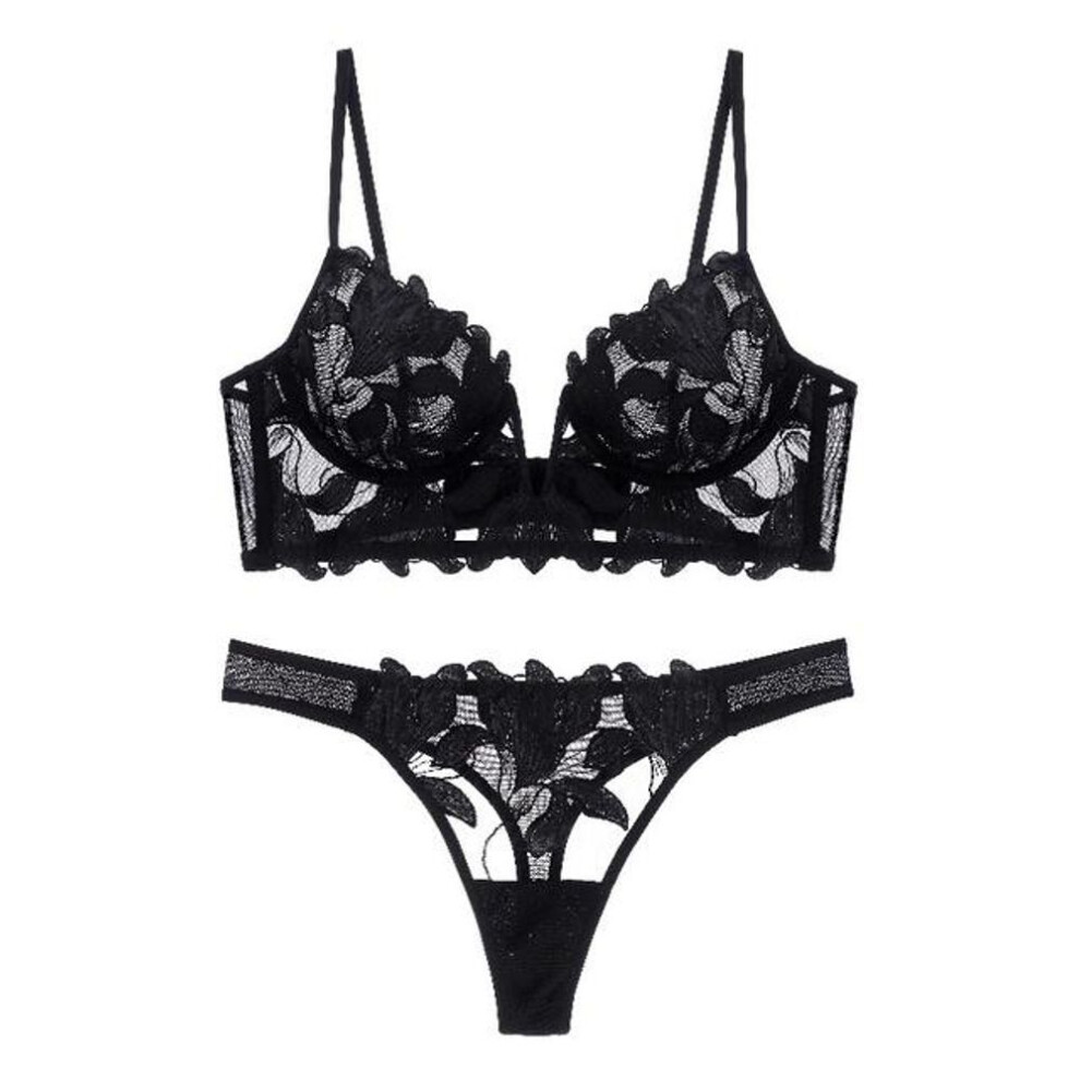 (black, L) Cinoon Sexy French Lace Embroidery Brassiere Lingerie Set Women's Underwear Set Push Up Thin Bralette Deep V Bra And Panty Set