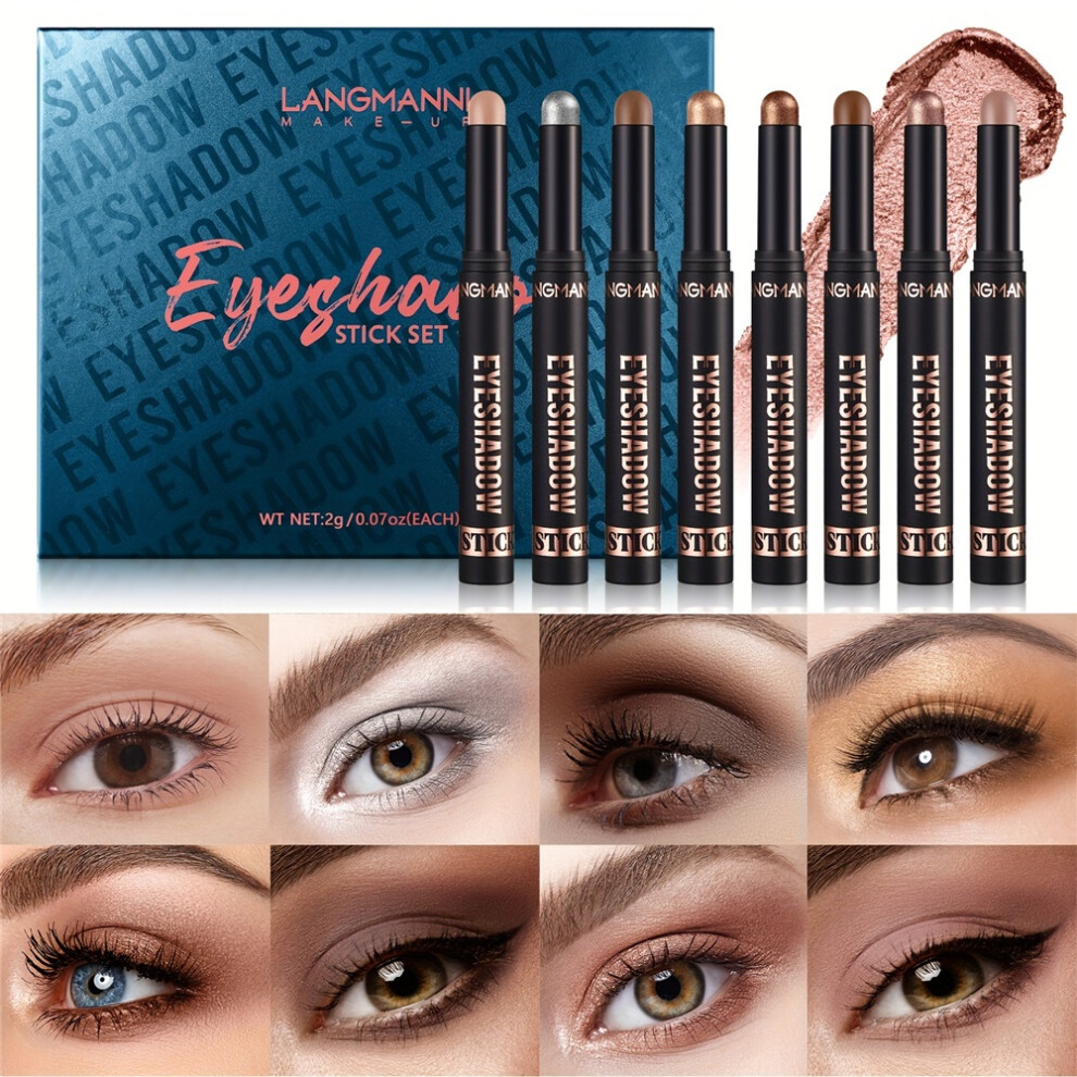 (A(8PCS)) 8-Color Waterproof Eyeshadow Stick Set - Long-Lasting, High Pigmentation, Shimmer & Matte Finishes in Neutral Brown Tones with Plant Squalan