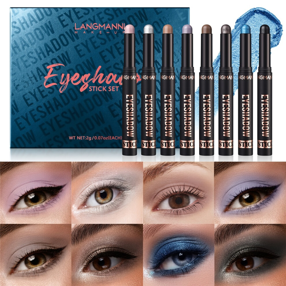 (C(8PCS)) 8-Color Waterproof Eyeshadow Stick Set - Long-Lasting, High Pigmentation, Shimmer & Matte Finishes in Neutral Brown Tones with Plant Squalan