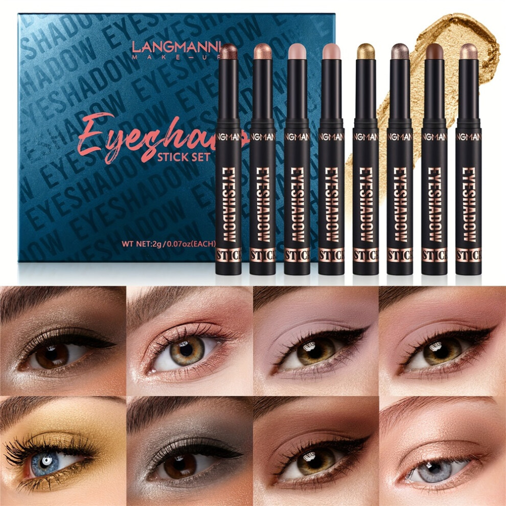 (B(8PCS)) 8-Color Waterproof Eyeshadow Stick Set - Long-Lasting, High Pigmentation, Shimmer & Matte Finishes in Neutral Brown Tones with Plant Squalan-image-OPC-PHYX2VD-NEW