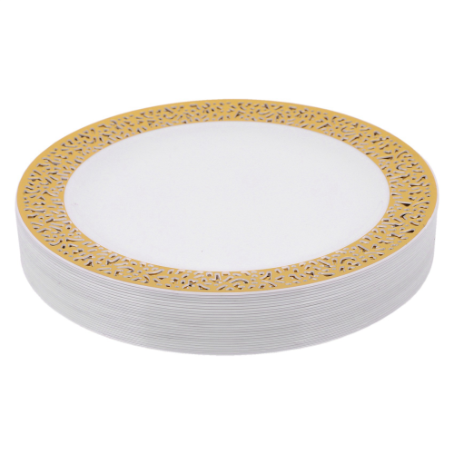 Pratos plásticos descartáveis dourados - Design de renda para festa, pacote com 25 unidades - 7,5 polegadas 2