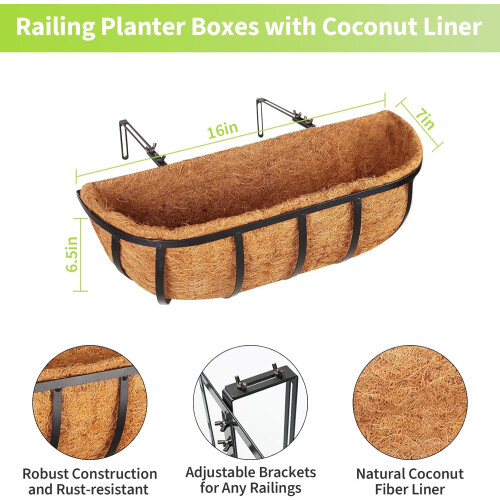 4 Pack 16 Inch Window Box Deck Railing Planter with Coconut Liner, Balcony Rail Planters 1