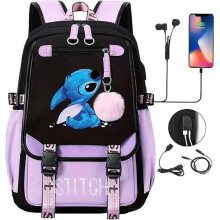 Stitch Rucksack, Kinderrucksack, Schulrucksack, Schultasche für Teenager mit 2 USB, Lila Violett+Schwarz