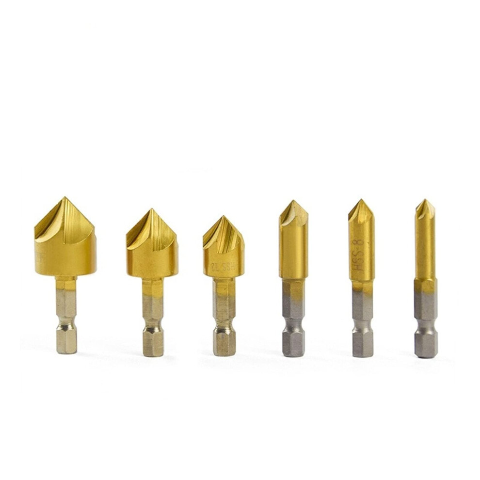 6Pcs Countersink Drill Bit Set,6-19Mm 5 Flute Titanium Coated Chamfer Drill Bit Hex Shank 354398678052