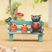Cat Cute Black Sitting On Bench Watering Flowers Resin Ornaments Desk Decor For